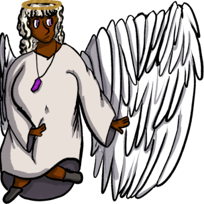  darkskinned aasimar with purple eyes and white curly hair to their shoulders. they have large white feathered wings. they are wearing a plain white robe, and a purple gem on a necklace